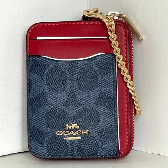 Coach Zip Card Case Wallet CW883 Blue Denim Red Canvas Chain Strap ID - Picture 6 of 6